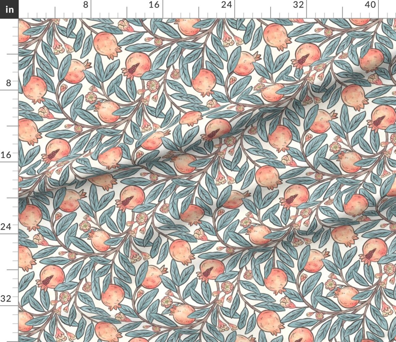 Green Vintage Leaves Fruit Art Nouveau Botanical Pomegranate Victorian Arts And Crafts Large Scale Floral Custom Printed Fabric by Spoonflower Various Fabrics by the Yard or Fat Quarter